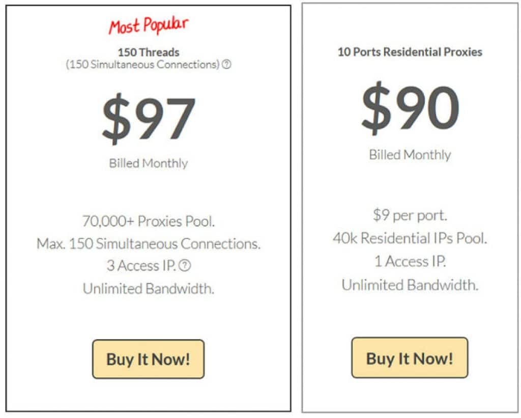 Compare Price Plan on dedicated rotating proxies and Residential rotating proxies packages