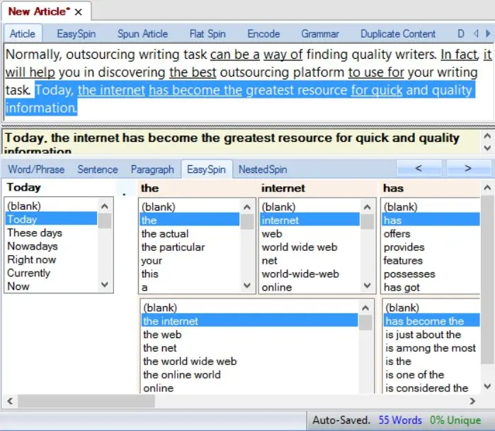 Sentence Spinner Feature from Thebestspinner