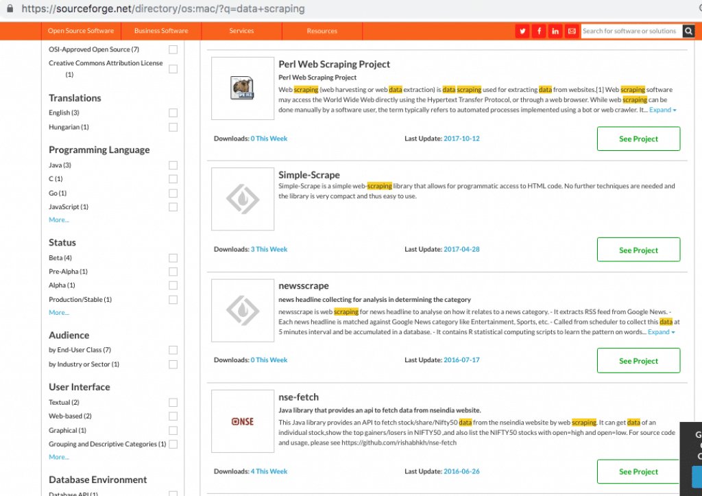 data scraping Sourceforge