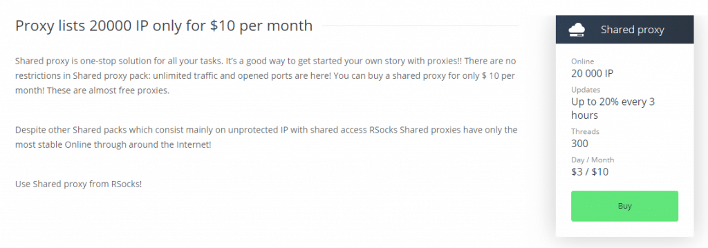 Rsocks Shared Proxy Price Plan