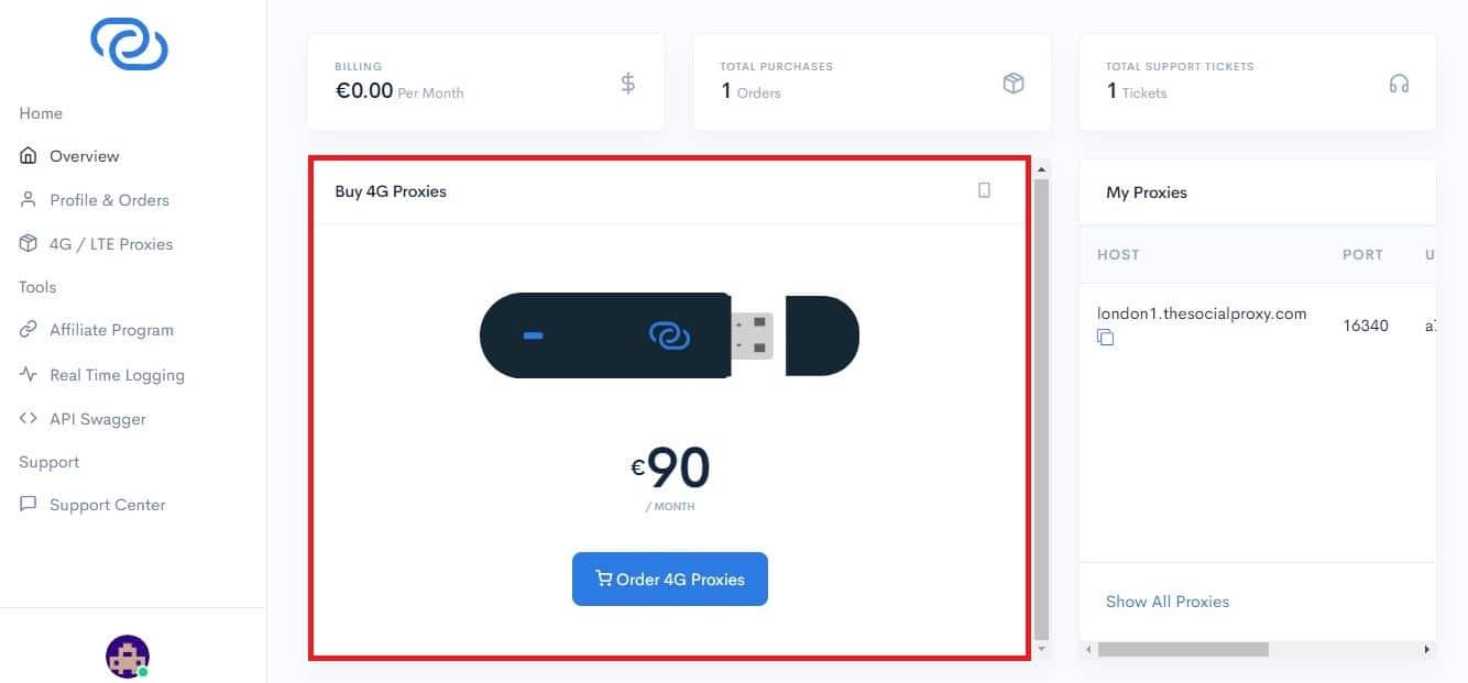 TheSocialProxy dashboard