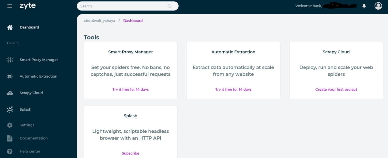 Zyte Smart Proxy Manager dashboard